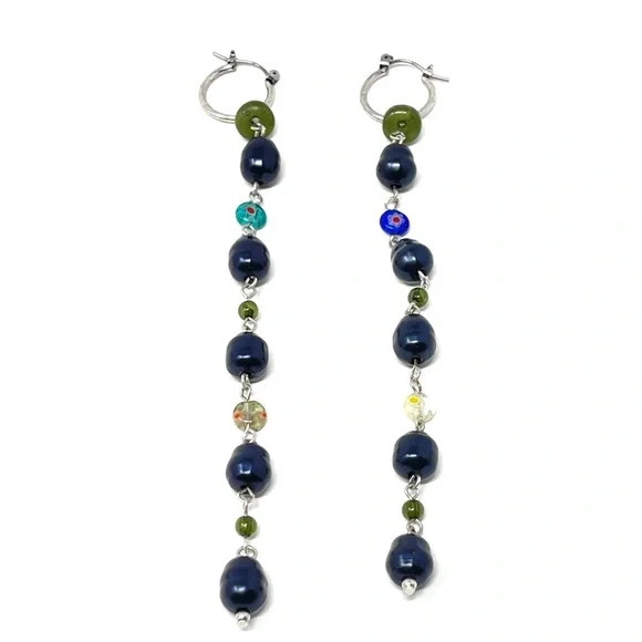 New Free People Regina Glass Bead Drop Dangle Earrings Blue Silver - Picture 2 of 4